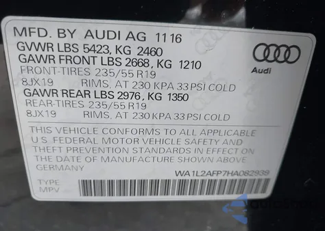 2017 Audi Q5 2.0T Premium from USA, damaged, VIN WA1L2AFP7HA082939